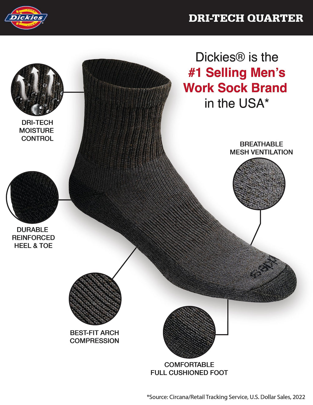 Dickies Men's Dri-Tech Moisture Control Quarter Socks, Available in M-XXL (6, 12, 18 Pairs), Mixed Denim (6 Pairs), Large