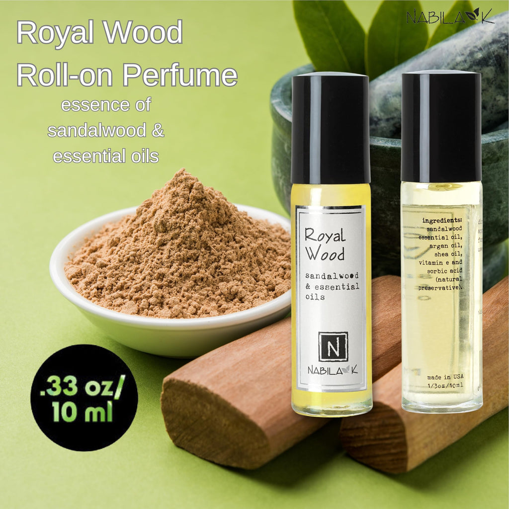 Nabila K Royal Wood Sandalwood Roll-On Perfume Oil for Women | Alcohol-Free, Organic, Long-Lasting Fragrance | Travel Size, TSA Approved | 0.33 oz