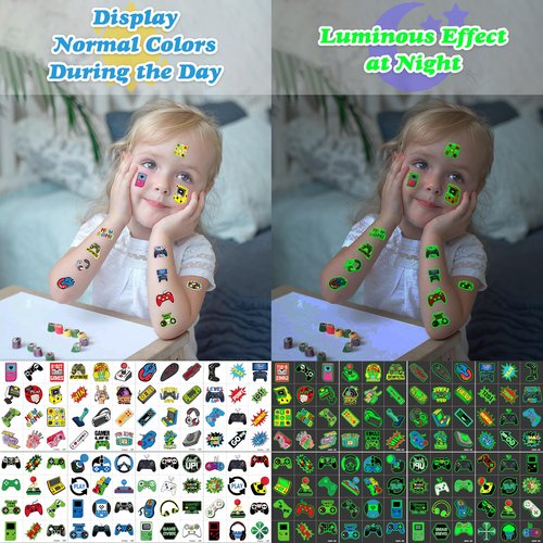 96 PCS Game Pre-Cut Luminous Glow in the dark Temporary Tattoos Themed for Kids Birthday Party Decorations Supplies Favors Decor Super Cute Tattoo Stickers Sticker Gifts for Games Boys Girls