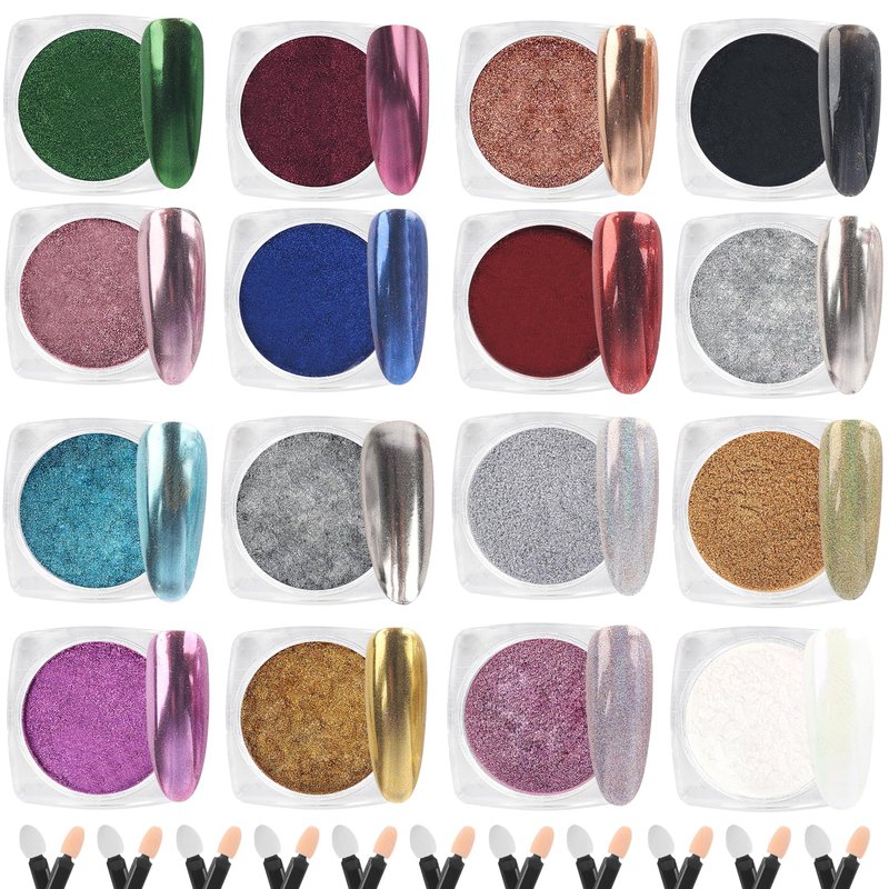 Yiaxoyia Chrome Nail Powder, 16 Colors Nail Chrome Powder - Mirror Effect Metallic Kit for Nail Art Decoration, Resin Craft etc. (1g/Jar)
