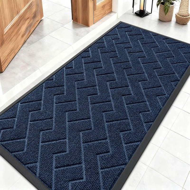OLANLY Waterproof Front Door Mat - All-Season Indoor/Outdoor Doormat, Easy Clean Herringbone Design (Blue, 47x23)