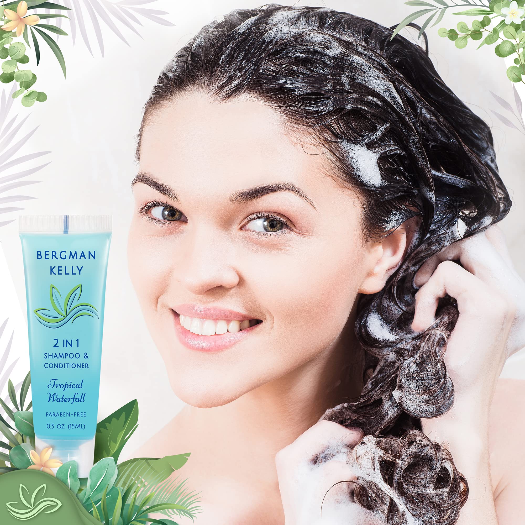 Bergman Kelly - Travel Size 2 in 1 Shampoo & Conditioner - 0.5 fl oz, 200 PK, Tropical Waterfall - Delight Your Guests w/Invigorating & Refreshing Shampoo Amenities - Small Hotel Toiletries in Bulk