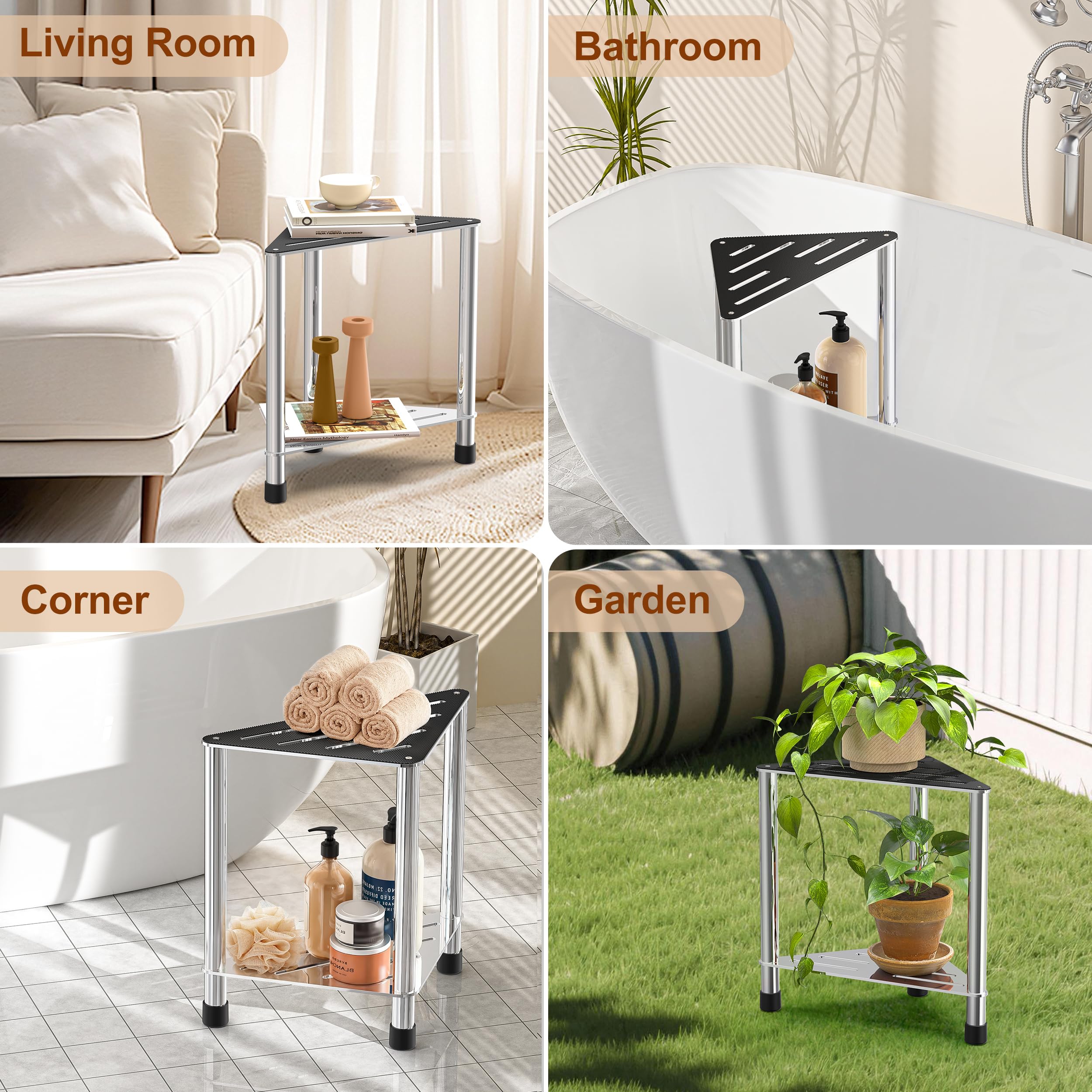 LarFaFa Upgrade Stainless Steel Shower Stool for Inside Shower, 15.4'' H Shower Foot Rest, Corner Shower Stool with Storage Shelf, Shower Step for Shaving Legs, Bathroom Corner Shower Bench, Silver