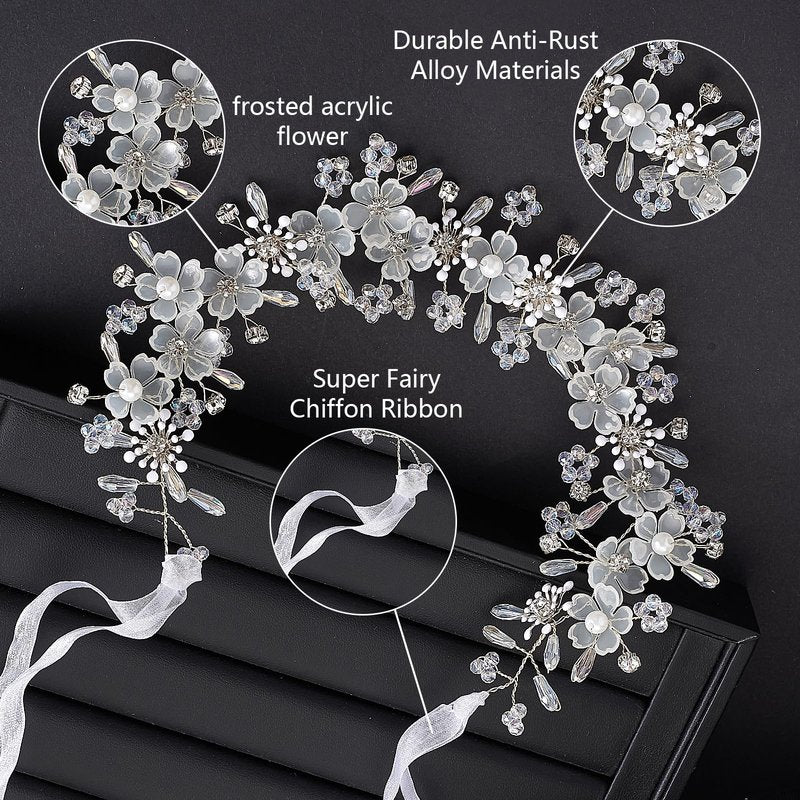 YOUlDIANZI Flower Princess Headpiece, Pearl Bridal Hair Accessory for Women Wedding Hair Band for Bride Princess Crown First Communion Headpiece for Womens Birthday, Party, Wedding
