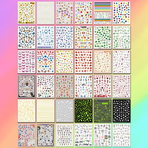 IDDFEVE 36 Sheets Varied Nail Art Stickers, All Holiday Variety Pack Seasonal Nail Decals, Self-Adhesive Pegatinas Uñas Colorful Design for Flowers Butterflies Luminous Star Halloween Christmas