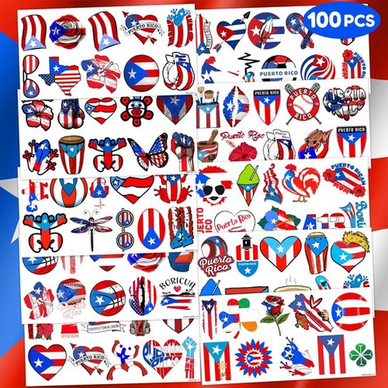 100PCS Puerto Rico Temporary Tattoos Puerto Rican Party Decorations Favors Supplies Themed Flag Stickers 10 Sheets Gifts for Baby Girls Boys Class School Carnival