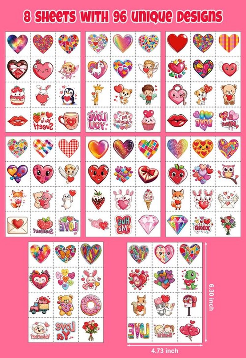 JCFIRE 96Pcs Valentines Day Stickers for Kids Temporary Tattoos, Heart Stickers for Valentines Day Gifts for Kids Classroom Exchange, Waterproof Decals for Party Favors, Goodie Bags, Crafts