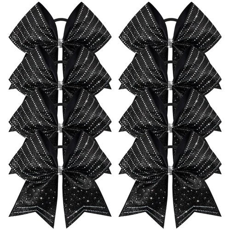 DEEKA 8PCS Black Stripes Glitter Cheer Bows with Iridescent Rhinestones Large 8" Competition Bow Cheer Hair Bows Elastic Band Ponytail Holder for Cheerleader Girls Softball Football Sports (Black)