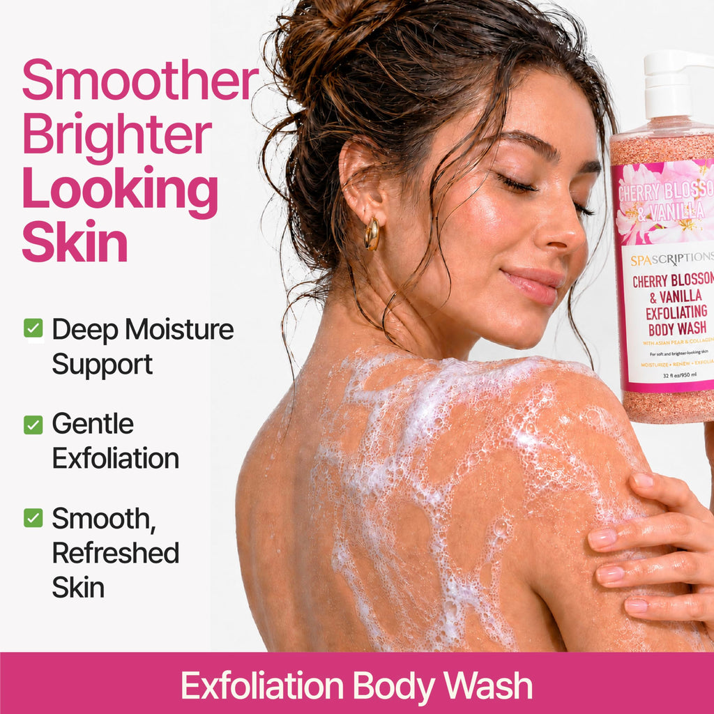SpaScriptions Cherry Blossom & Vanilla Exfoliating Treatment Body Wash – Natural Exfoliation for Dull Skin with Asian Pear & Collagen for Radiant, Firm-Looking Skin, Hydrating Body Cleanser, 32 oz