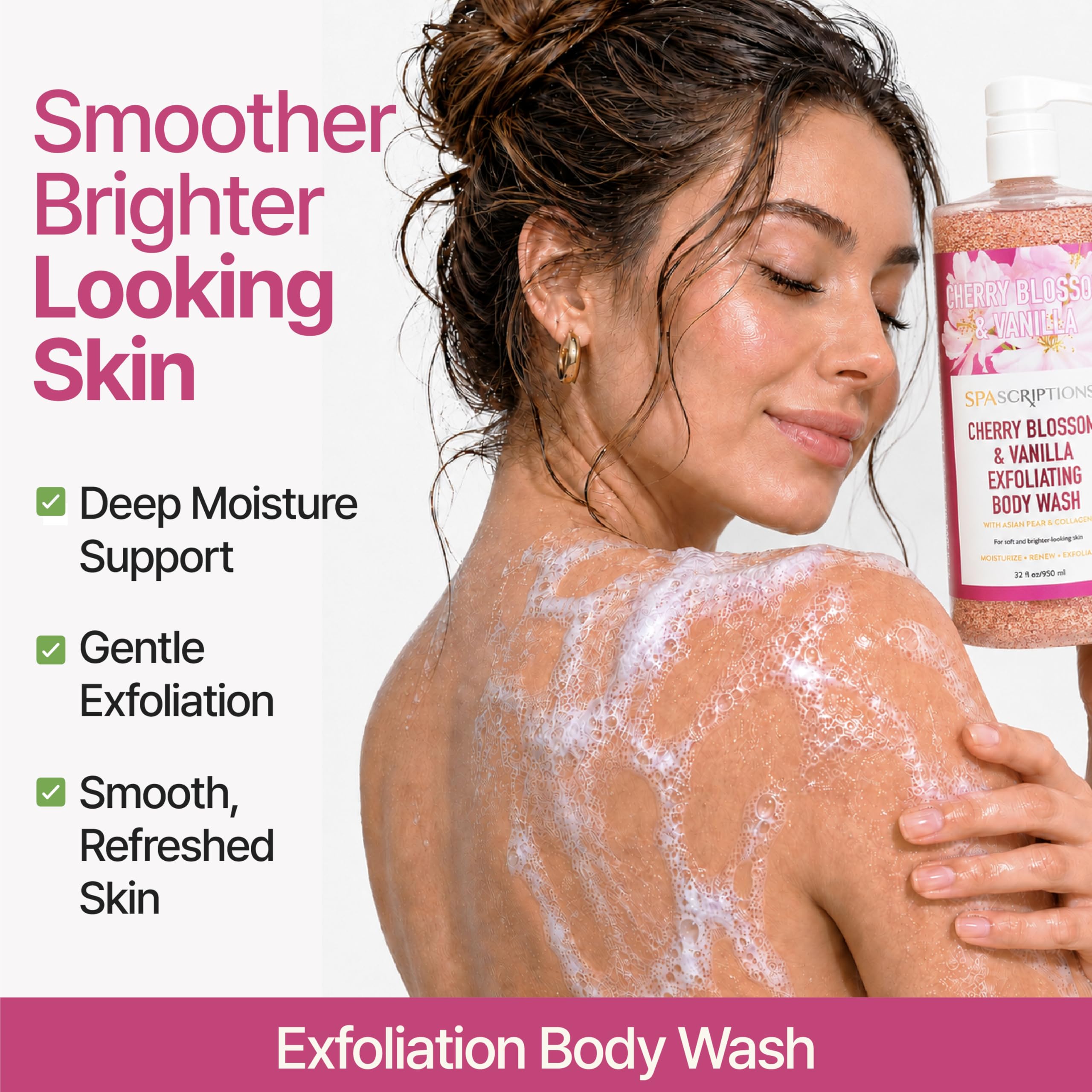 SpaScriptions Cherry Blossom & Vanilla Exfoliating Treatment Body Wash – Natural Exfoliation for Dull Skin with Asian Pear & Collagen for Radiant, Firm-Looking Skin, Hydrating Body Cleanser, 32 oz