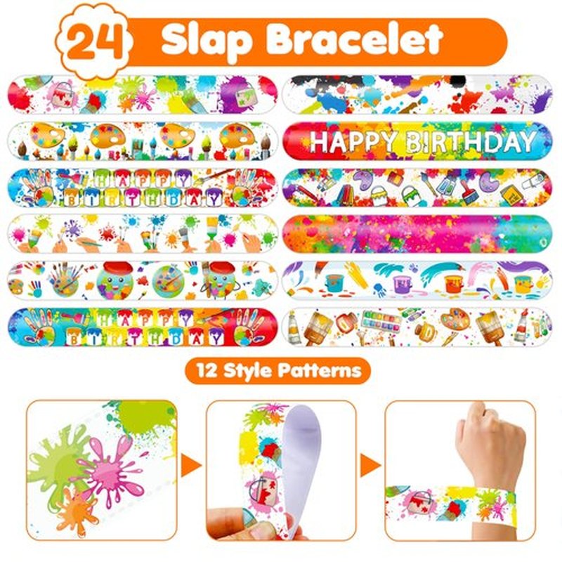 48PCS Art Party Favors - 24PCS Tattoos & 24PCS Slap Bracelets - Creative Birthday Supplies, Painting-Themed Decorations, Classroom Prizes, Gifts for Boys & Girls