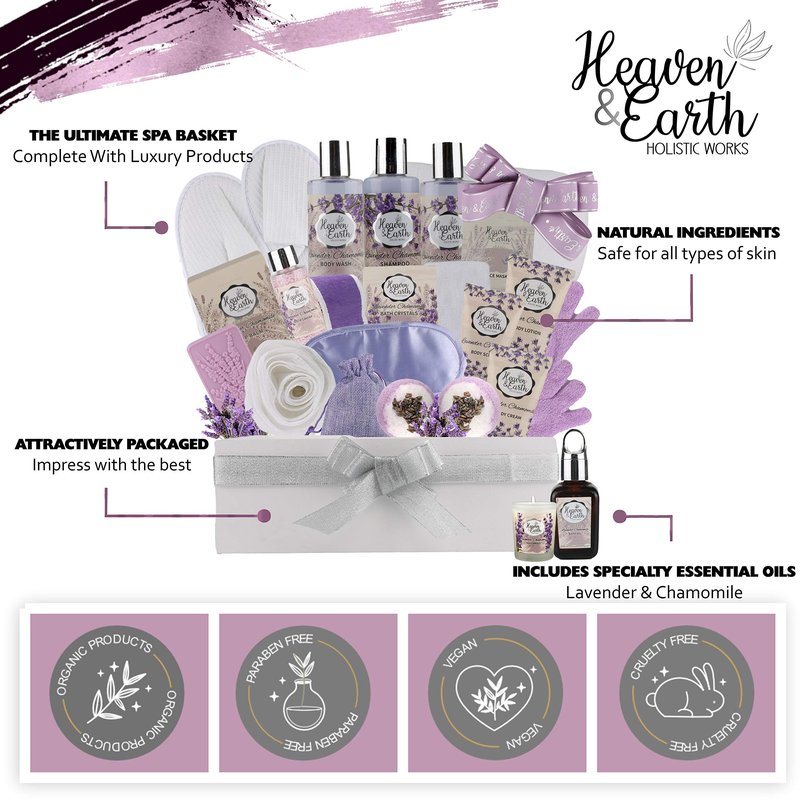 Valentines Gift Baskets for Women Spa Day! Natural Lavender Chamomile Spa Bath Sets for Women Gift Infused with Essential Oils. Sulfate Free Lavender Bath Set Spa Gift Set