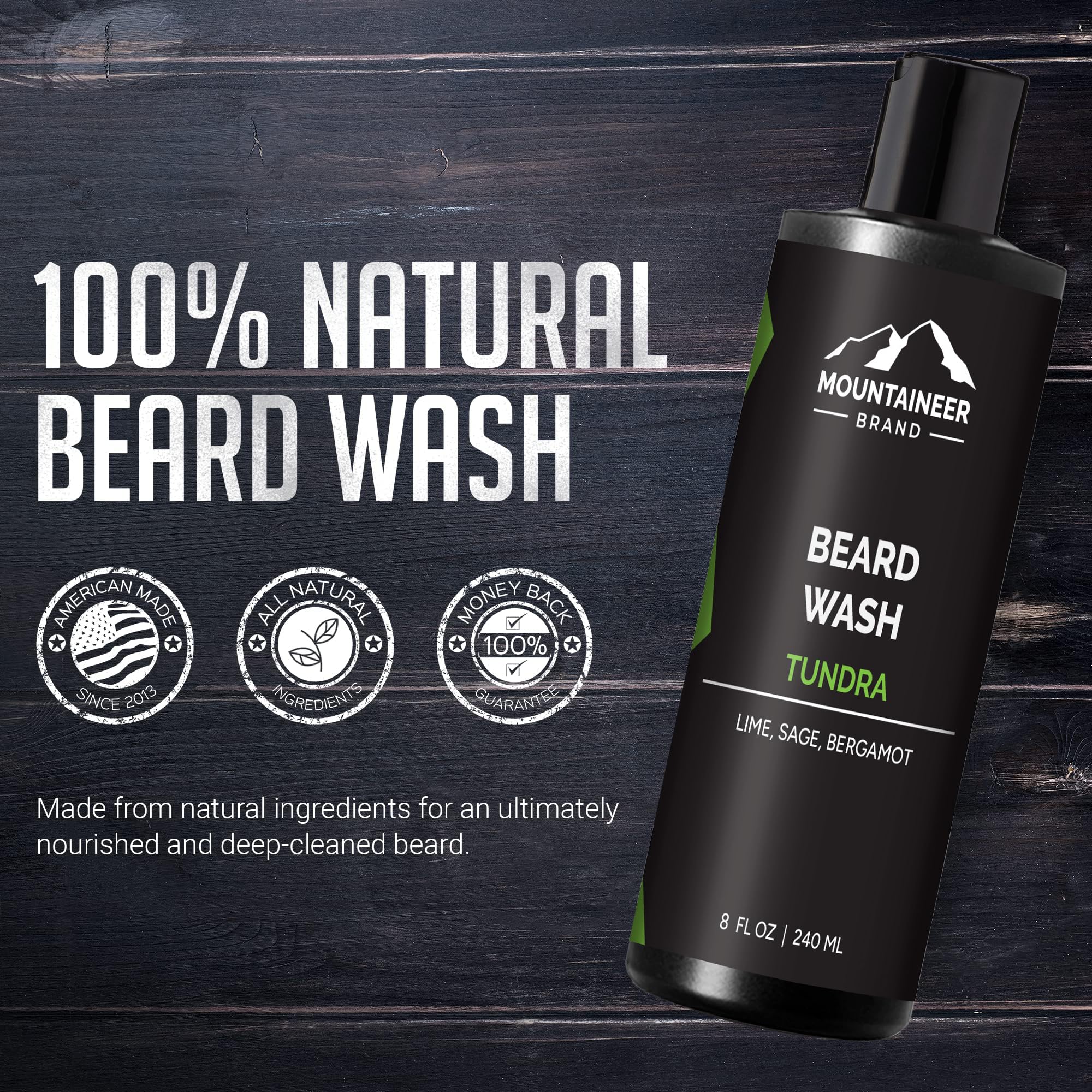 Mountaineer Brand Beard Wash For Men | 100% Natural Beard Shampoo | Thick Cleaning Softening Lather for Hair and Skin | Hydrate and Detangle | Grooming Treatment | Tundra Scent 8oz