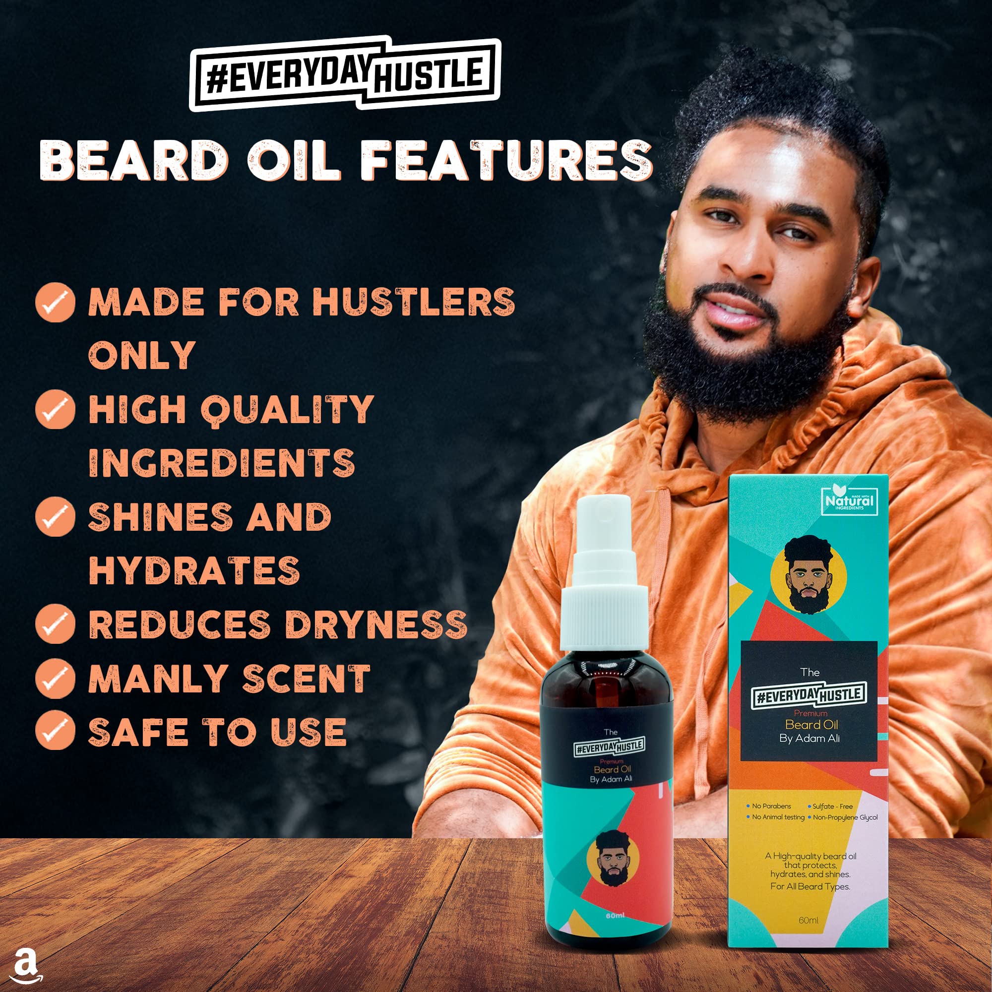 #EverydayHustle Beard Oil for Black Men by Adam Ali, Lightweight Beard Serum Spray and Natural Beard Oil Hydration, for Soft Facial Hairs and Skin Care, Cloves Scent, 60ml