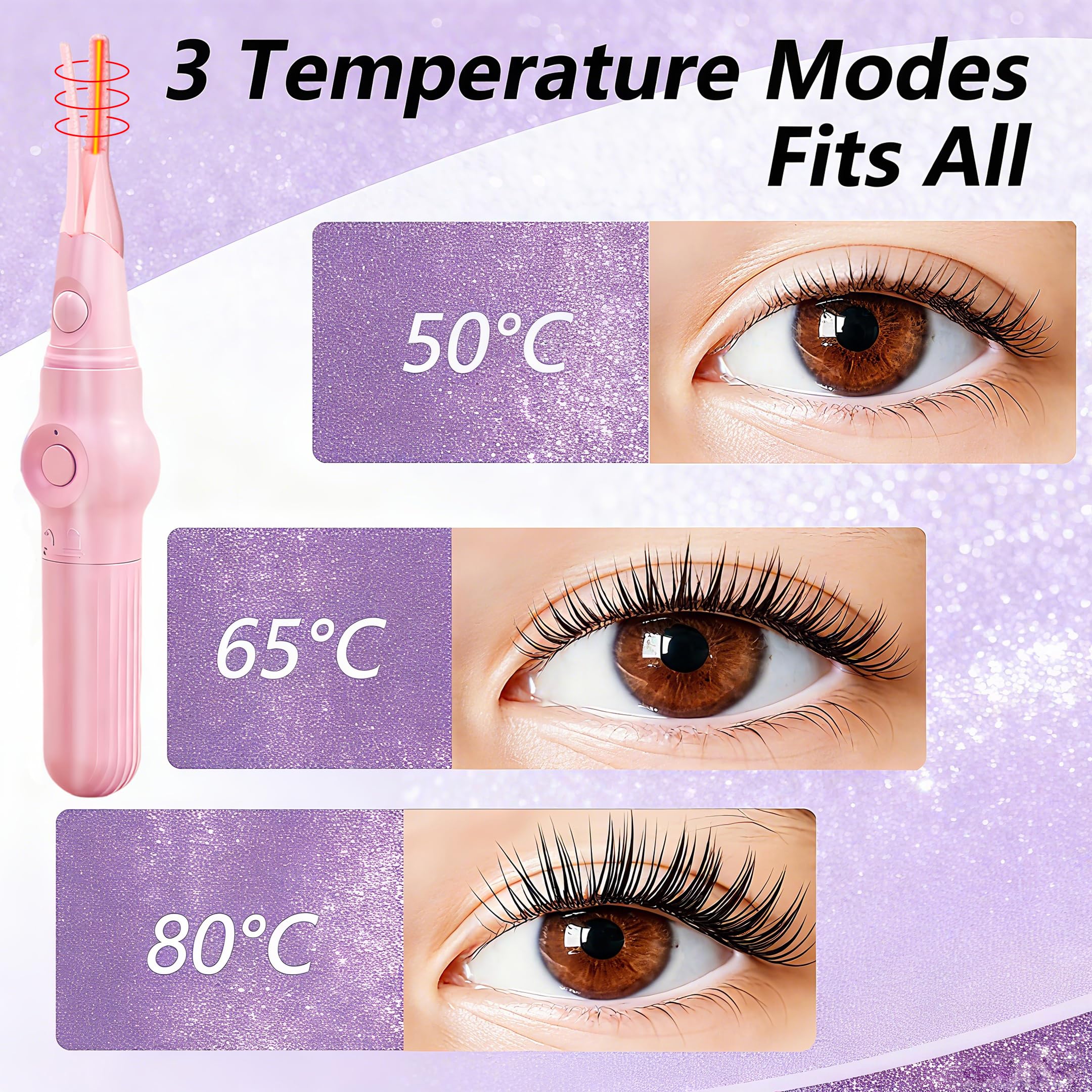 Heated Eyelash Curler-3 Temp Modes 50°-80°C LED Display, Electric Eye Lash Curler for 24H Long Lasting, Type-C Rechargeable Heated Lash Curler for Natural Thick Lashes, Makeup Gift,Light Pink