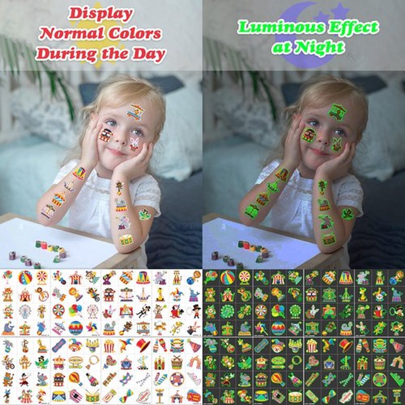 96 PCS Carnival Circus Clown Pre-Cut Luminous Glow in the dark Temporary Tattoos for Kids | Super Cute Themed Birthday Party Favors, Supplies, Decorations, Fake Tattoo Stickers Gifts for Boys Girls