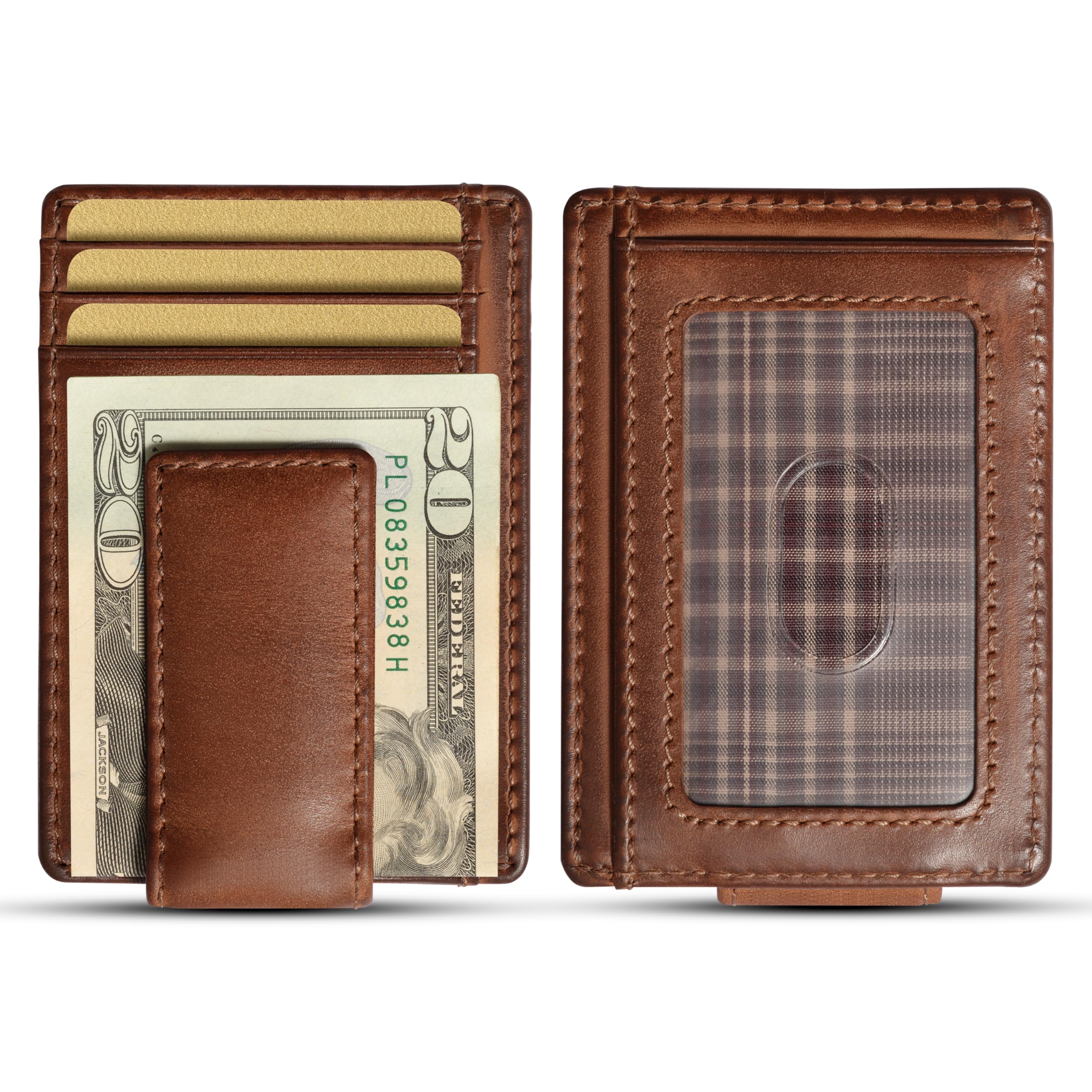 House of Jack Co. Carryall Men's Slim Money Clip Wallet, Super Strong Magnetic Clip Holds 15+ Bills, Full Grain Leather Slim Front Pocket Wallet, 9 Card Holder, Gift for Men, Tan