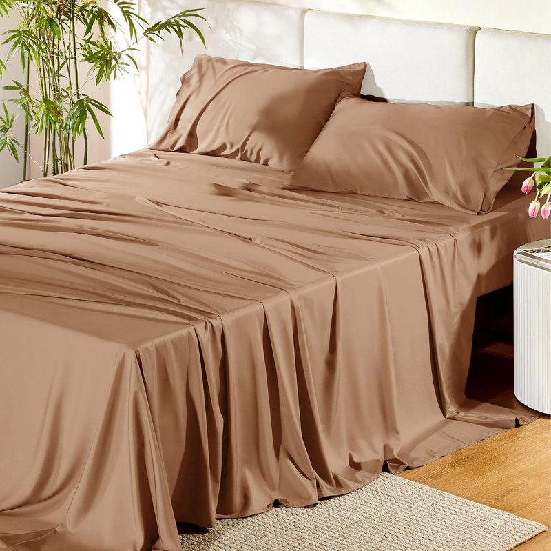 Bedsure Queen Sheet Set - Cooling Rayon from Bamboo | Breathable, Soft & Silky Bedding - Khaki, Deep Pocket Up to 16 Inches