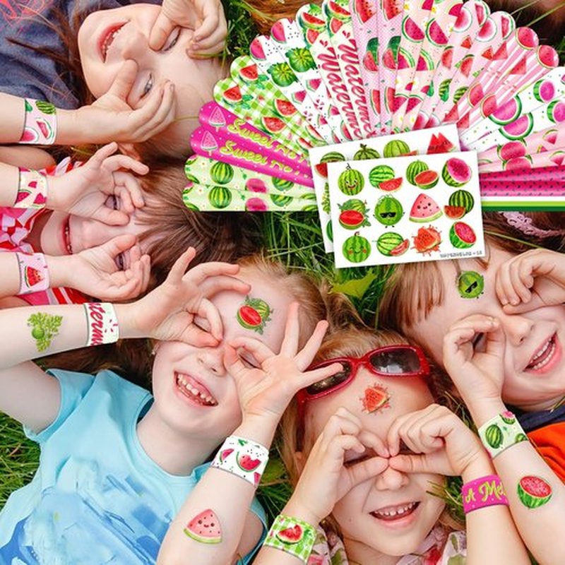 48 PCS Watermelon Party Set 24 PCS Watermelon Tattoos & 24 PCS Slap Bracelets Fun Summer Birthday, Baby Shower, Classroom Rewards, Decorations & Gifts for Kids