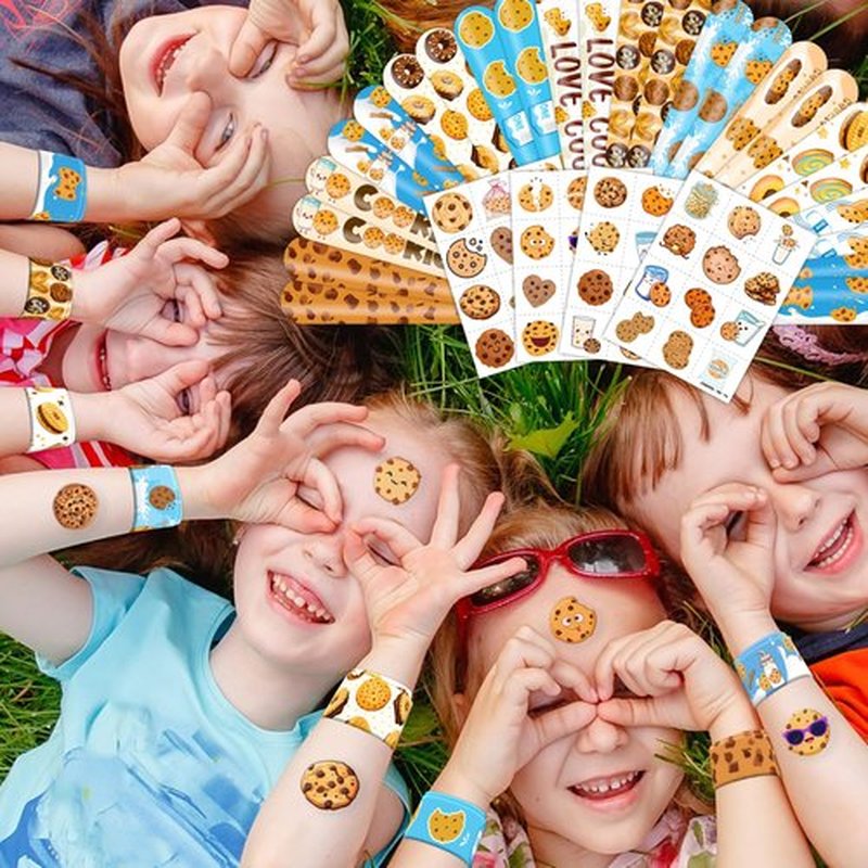 72PCS Cookie Party Set - 48PCS Temporary Tattoos & 24PCS Slap Bracelets - Fun Cookie-Themed Birthday Supplies, Baby Shower Gifts, Classroom Rewards & Party Decor for Kids (Boys & Girls)