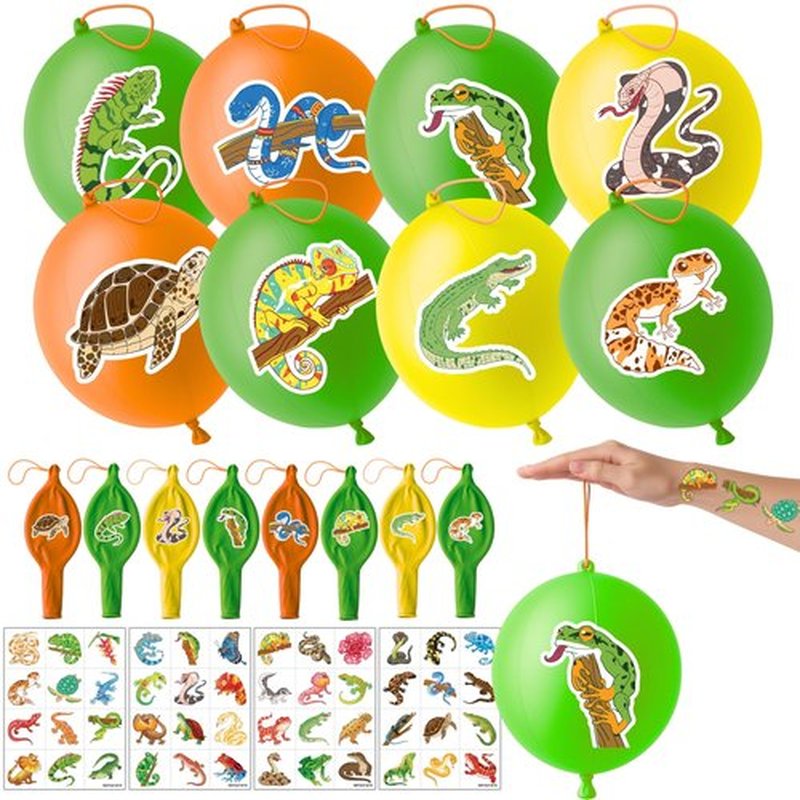72 PCS Reptile Party Favors for Kids – 48 Pre-Cut Temporary Tattoos & 24 Reptile Punch Balloons Themed Birthday Party Decorations Supplies Favors Gifts, Goodie Bag Fillers, Classroom Rewards