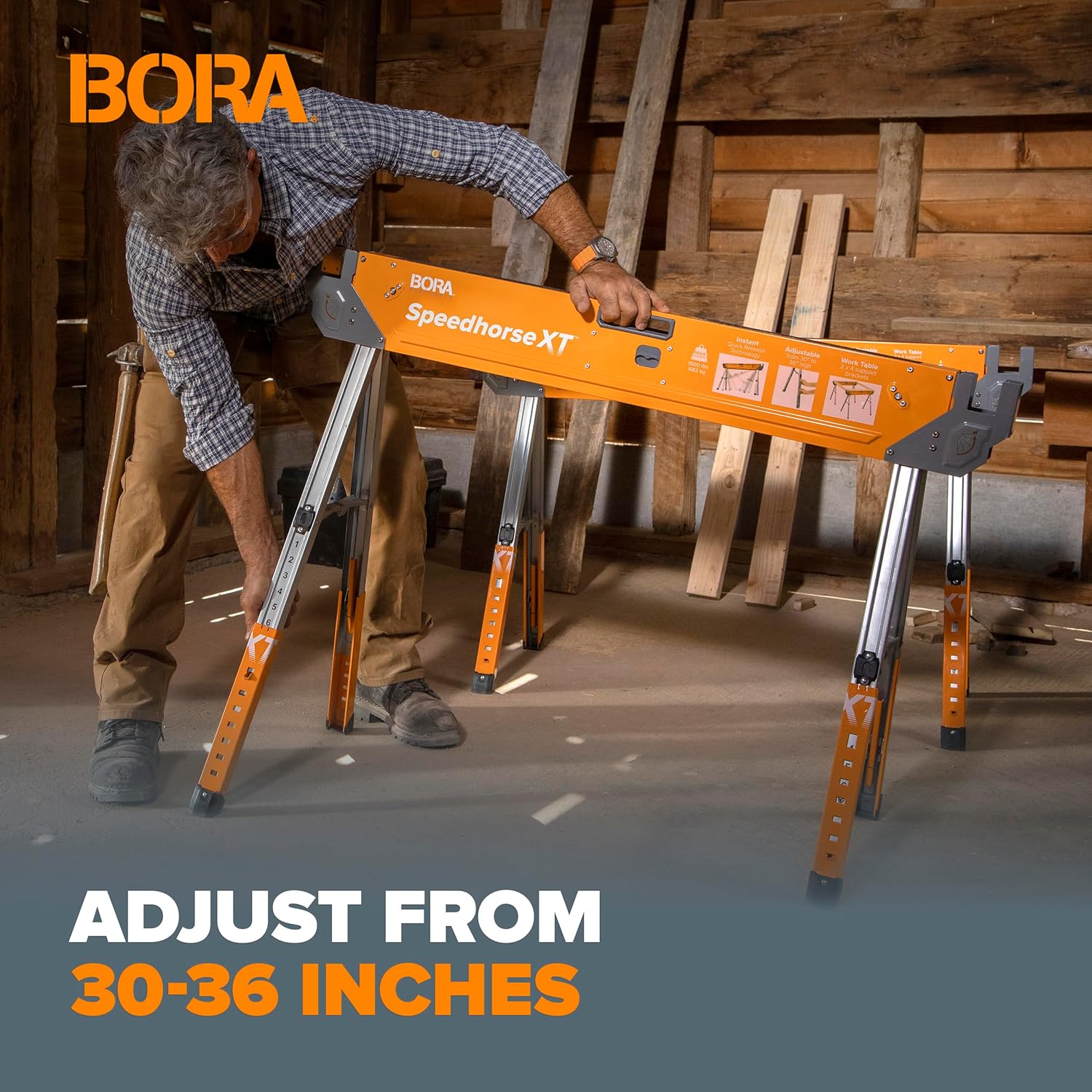 Bora Portamate Speedhorse XT Sawhorse Pair - Heavy Duty Adjustable 30-36 Inch Metal Top | Ideal for Contractors & Carpenters