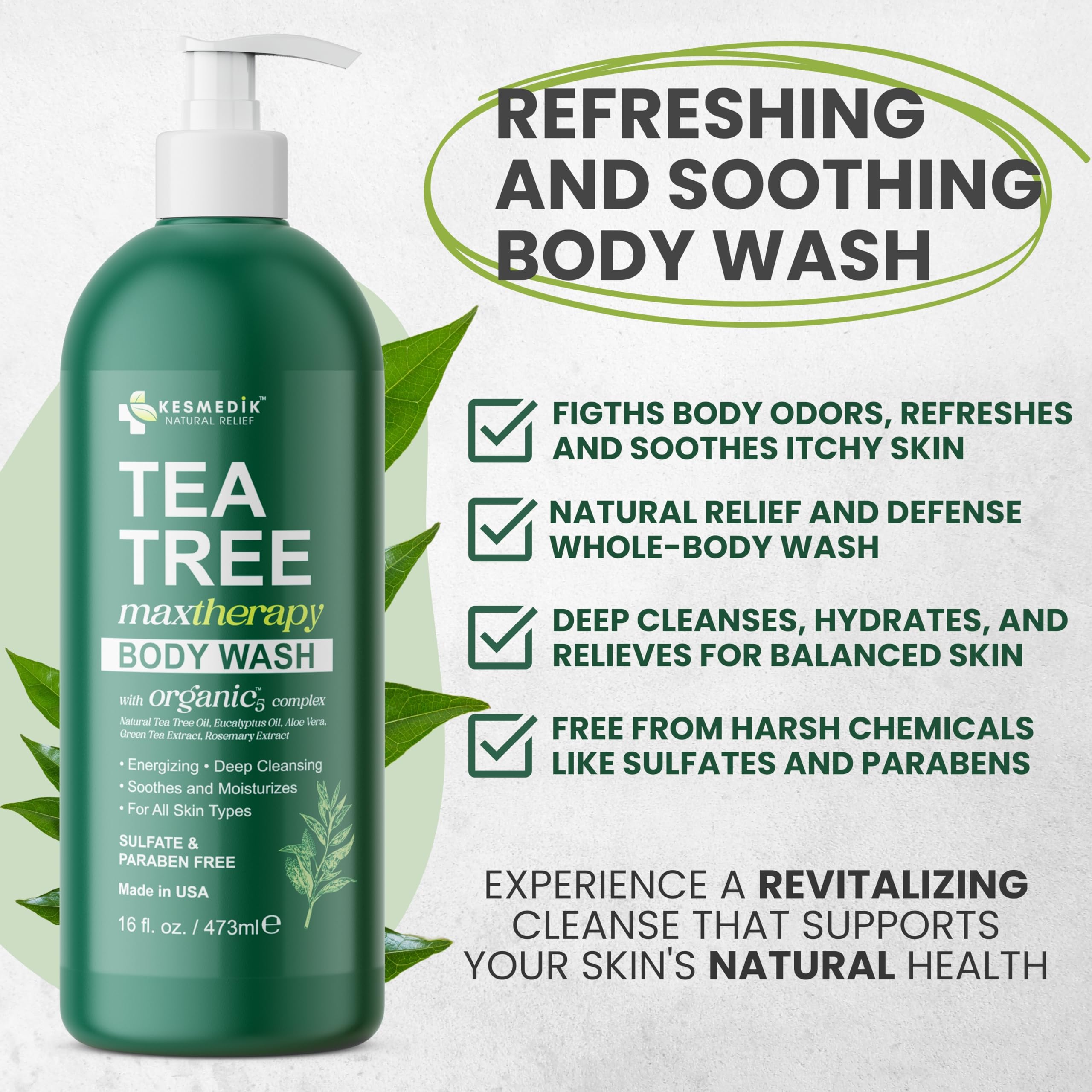 KESMEDIK Tea Tree Body Wash MaxTherapy, Itchy Skin Relief Soap, Soothes Jock Itch, Athlete's Foot, Acne, Eczema, Psoriasis & Sensitive Skin, Intimate Wash, Men & Women, 3-Pack, Original Edition