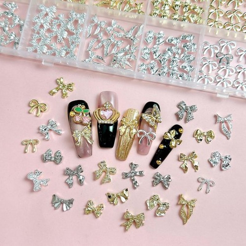 240Pcs Gold and Silver Bow Nail Charms, 3D Metal Alloy Bowknot Charms with Nail Art Pen & Tweezers for DIY Nail Decor, Jewelry Making, Craft Accessories for Women Girls