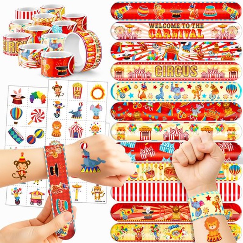 Cherisnowy 72PCS Carnival Party Set 48PCS Temporary Tattoos & 24PCS Slap Bracelets Fun Circus Themed Birthday Supplies, Baby Shower Gifts, Classroom Rewards & Party Decor for Kids Boys & Girls