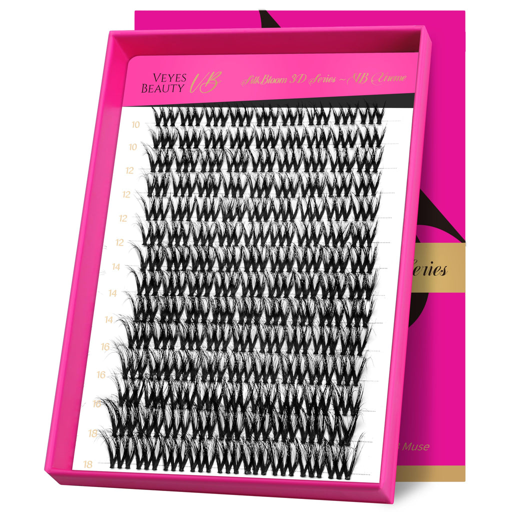 VEYESBEAUTY Lash Clusters Fluffy Individual Lash Extensions VBmuse 3D Layered Volume Eyelashes Thin & Invisible Band Wispy Faux Mink Lash Silk Bloom 3D Series Mixed Length 10-18mm