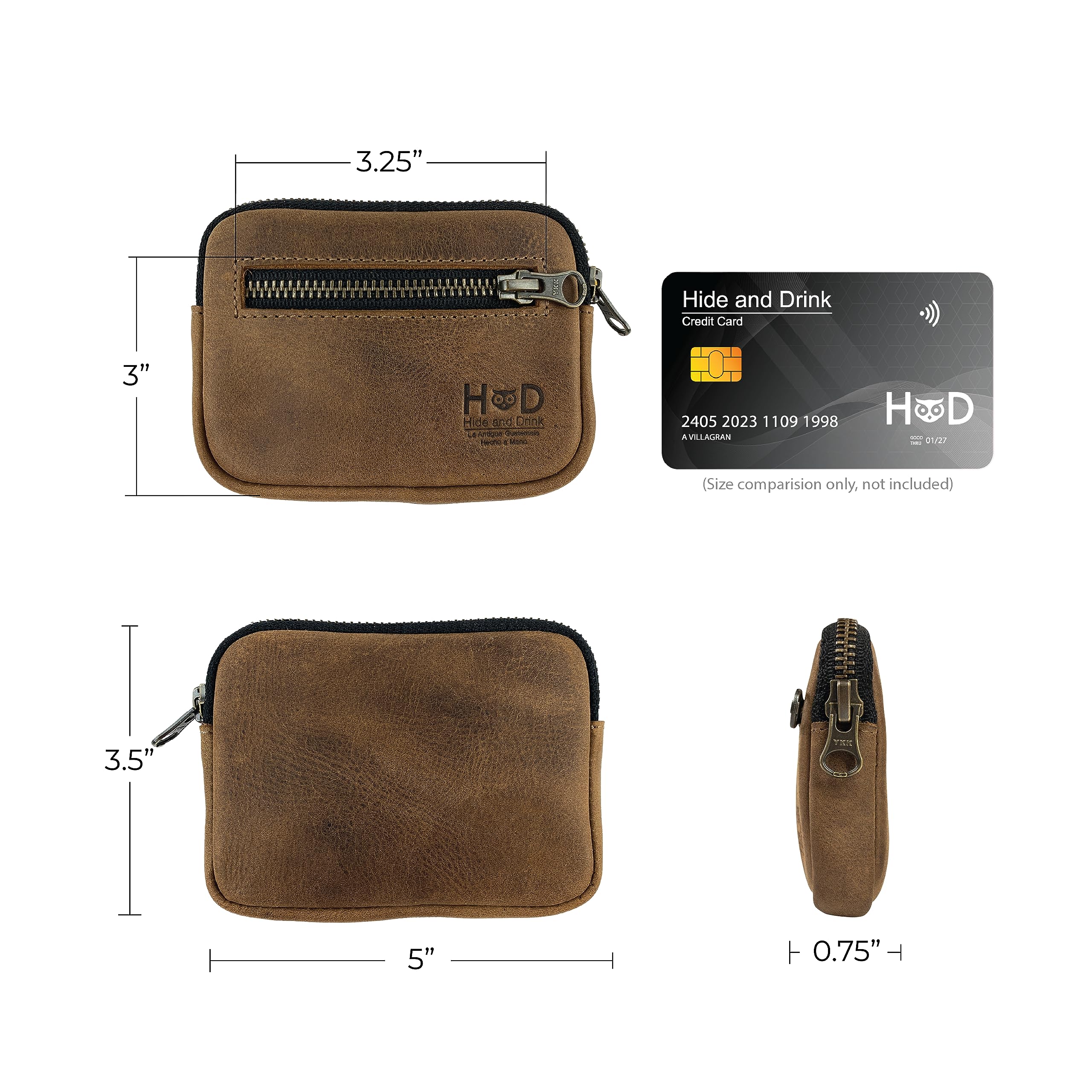 Hide & Drink, Zippered Wallet, Business Card and Money Holder, Compact Pocket Organizer, Full Grain Leather, Handmade Everyday Accessories, Bourbon Brown