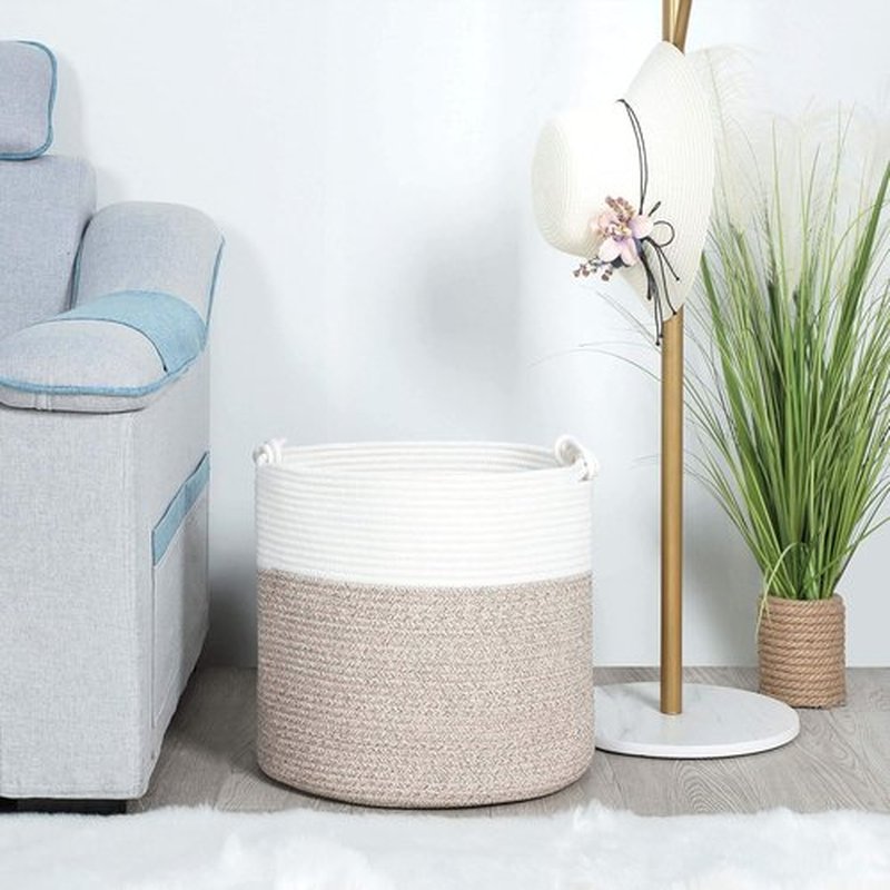 MINTWOOD Design Woven Cotton Rope Storage Basket - 15 x 14.2 Inches | Light Brown Toy & Laundry Hamper