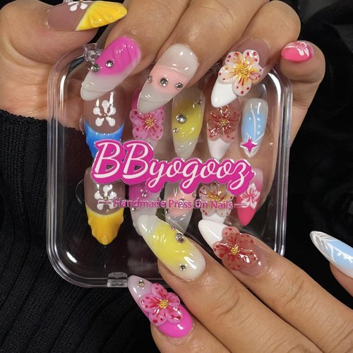 Handmade Press On Nails 3D Floral Medium Almond Shaped Artistic Design Acrylic Pink Stick-On Nails | Durable, Unique, Salon-Quality False Nails (Pink, M)