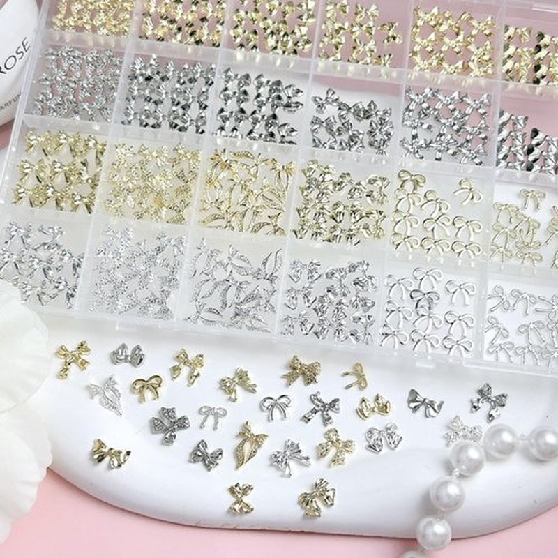 240Pcs Gold and Silver Bow Nail Charms, 3D Metal Alloy Bowknot Charms with Nail Art Pen & Tweezers for DIY Nail Decor, Jewelry Making, Craft Accessories for Women Girls