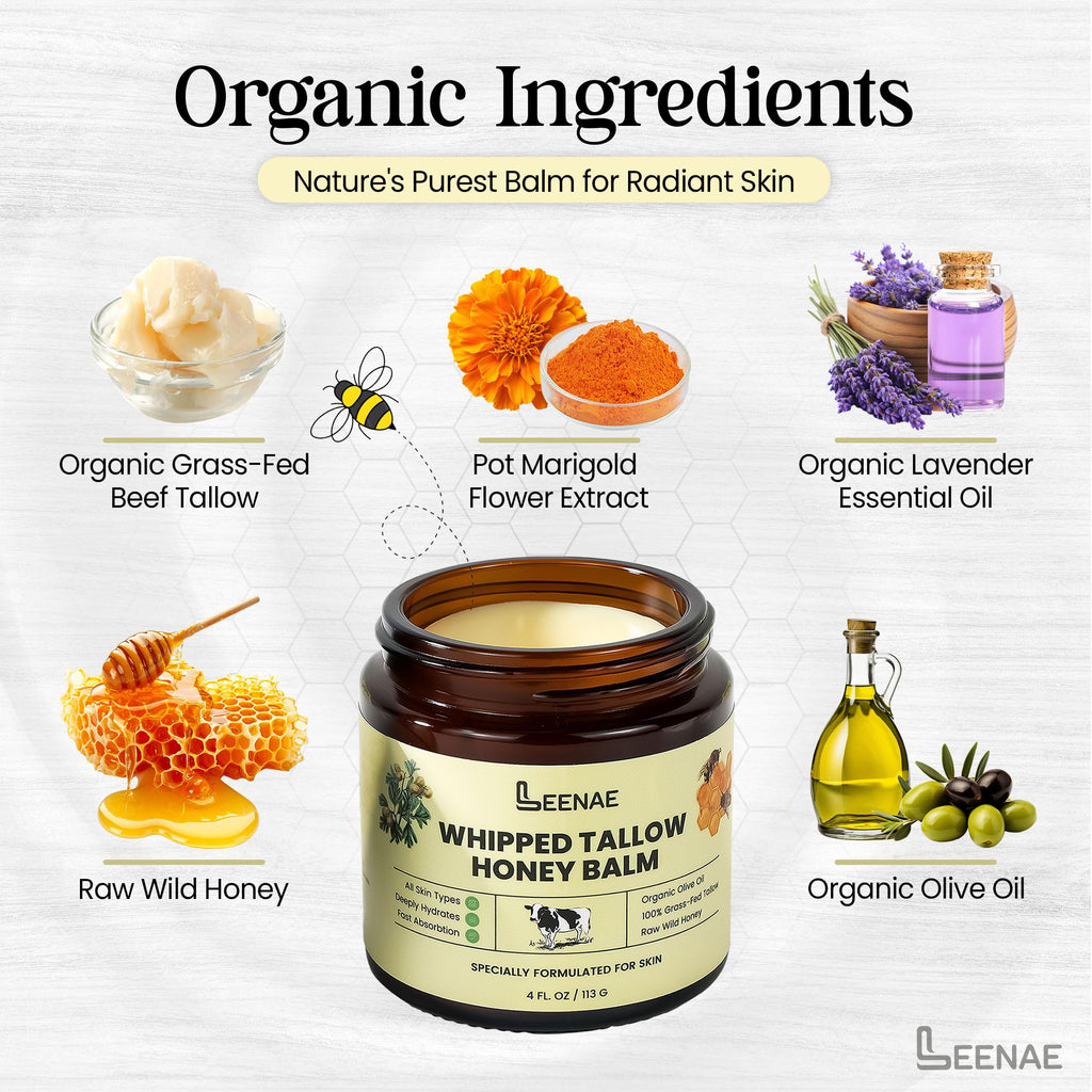 LEENAE Whipped Beef Tallow Moisturizer with Honey – Grass Fed Tallow Face & Body Balm, Unscented Natural Skin Cream with Olive Oil, 4 oz