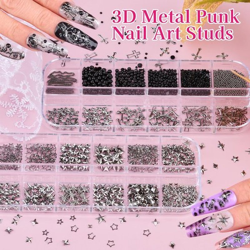 6 Boxes 3D Metal Nail Art Charms, Gold Silver Black Star Cross Nail Studs Metallic Caviar Beads for Nails Design Y2K Charms Punk Nail Chains Nail Decorations with Tweezers for DIY Manicure Supplies
