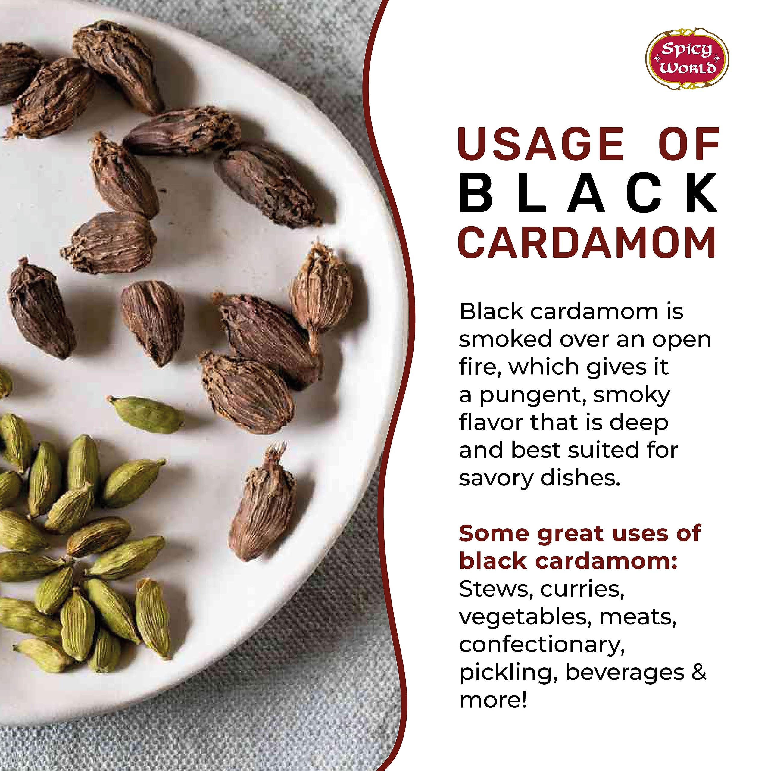 Black Cardamom Pods 3.5 Oz Bag (100gm) | Whole Kali Elaichi Indian Spice by Spicy World