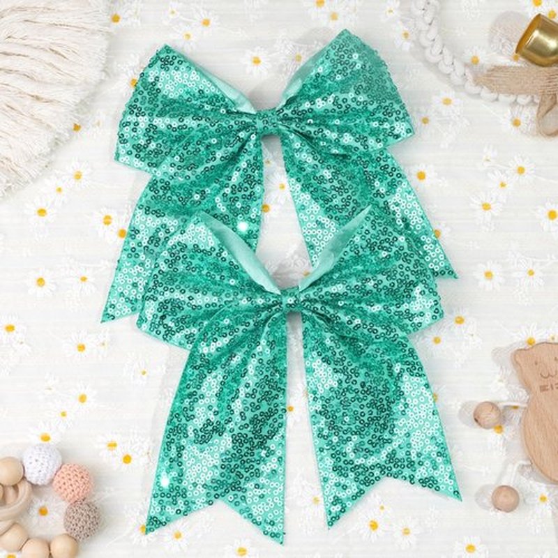 JOYOYO Aqua Glitter Cheerleader Bow Clips, 7.5 Inch Large Hair Bow, Ponytail Holder Hair Accessories for Girls, Women Teens for Cheerleading, Dance, Party
