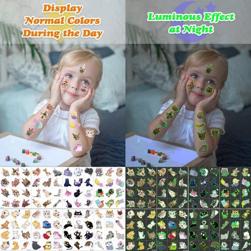 96 PCS Cat Cats Pet Pre-Cut Luminous Glow in the dark Temporary Tattoos for Kids | Super Cute Themed Birthday Party Favors, Supplies, Decorations, Animal Paw Fake Tattoo Stickers Gifts for Boys Girls