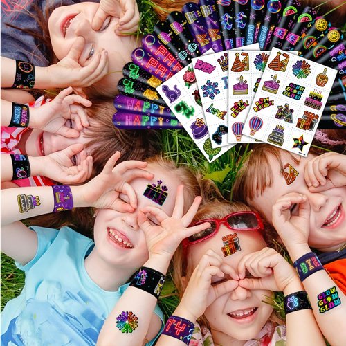Cherisnowy 72 PCS Neon Party Set - 48 Neon Temporary Tattoos, 24 Slap Bracelets Wristbands - Fun Glow Party Supplies for Birthday, Baby Shower, Classroom Rewards, Decorations & Gifts for Kids