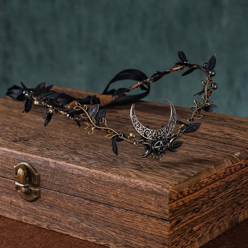 MOSTORY Handmade Moon Elf Headpiece - Woodland Forest Crown Fairy Goddess Tiara Elven Circlet Medieval Queen Festive Accessory for Women s Halloween Cosplay Renaissance Black