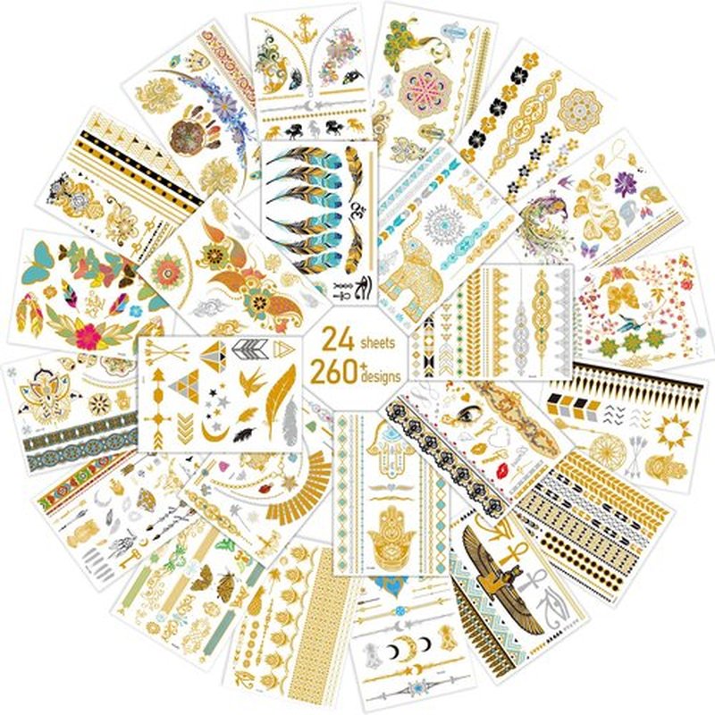 CUTELIILI Metallic Temporary Tattoo 260+ Gold Silver Fake Tattoos for Women,Flash Jewelry Gold Tattoos Waterproof and Long Lasting