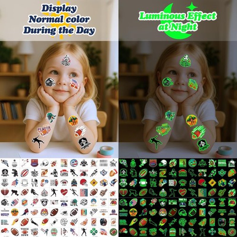 96PCS Football Pre-Cut Temporary Tattoos - Party Favors for Kids, Boys American Football Theme, Perfect for Birthday Parties, Classroom Prizes, Cheerleader & School Events Gifts (Glow in the Dark)