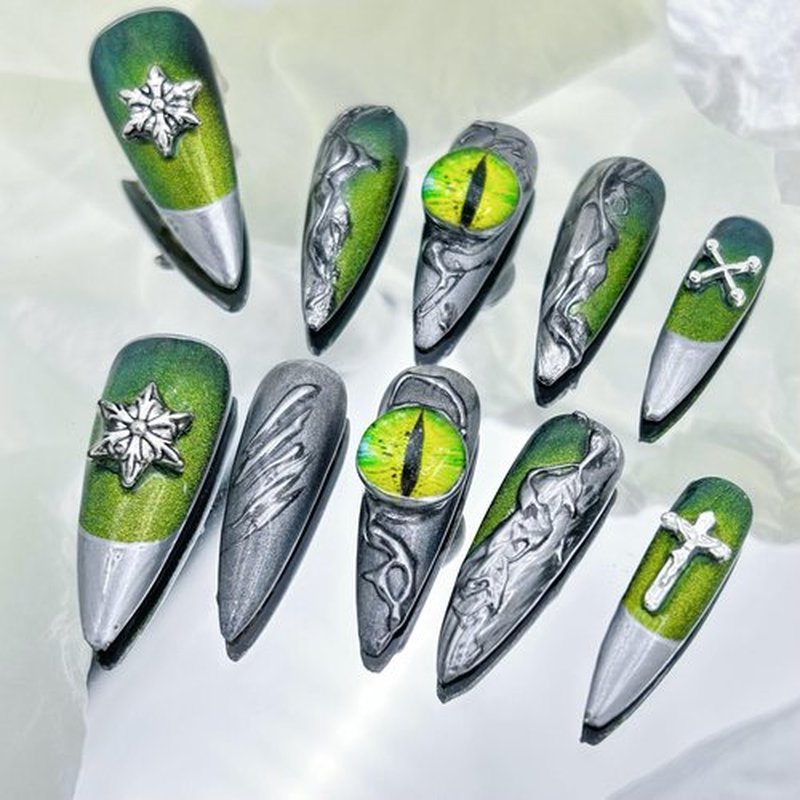 Press on Nails Handmade Luxury Acrylic Material Long Style Almond Reusable Halloween Goth Nail Kit with Nail Glue for Women and Girls 10pcs (Green Dragon Eyes-S, One Size)