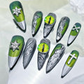 Press on Nails Handmade Luxury Acrylic Material Long Style Almond Reusable Halloween Goth Nail Kit with Nail Glue for Women and Girls 10pcs (Green Dragon Eyes-S, One Size)