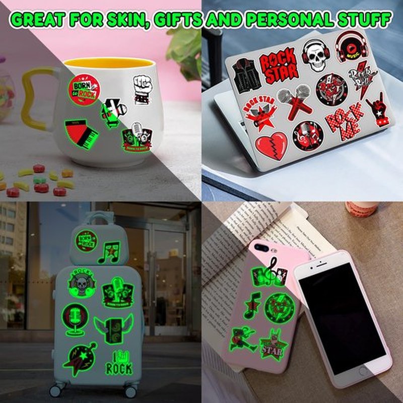 96PCS Born To Rock N Roll Rocks Luminous Glow in the Dark Temporary Tattoos Themed Music Band Birthday Party Decorations Favors Supplies Decor Rockstar Guitar Stickers For Kids (Glow in the dark)