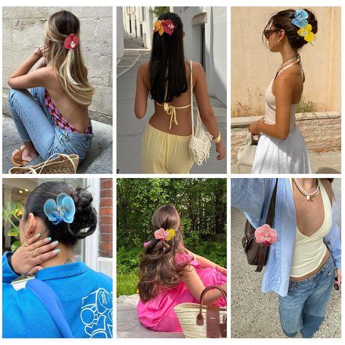 6-Pack Flower Hair Clips - Hawaiian Tropical Orchid Hair Clips Bohemian Hairpins with Artificial Silk Flowers for Women Beach Wedding Accessories &Summer Vacation（Yellow Red Blue）