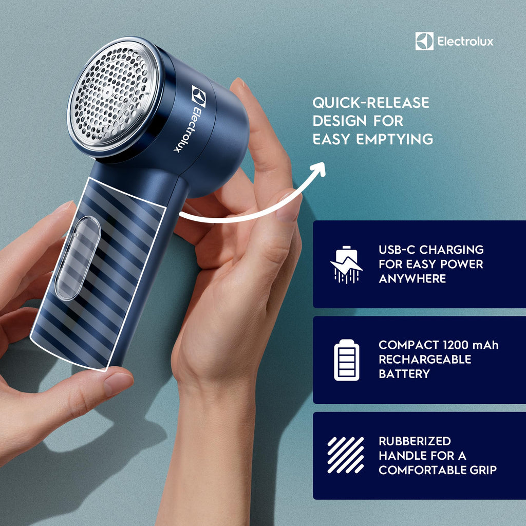 Electrolux Rechargeable Fabric Shaver | Compact Travel Lint Remover for Clothes & Furniture | Eliminates Fuzz & Pilling | 3-Speed Electric Lint Shaver with Type-C Fast Charging Port - Blue