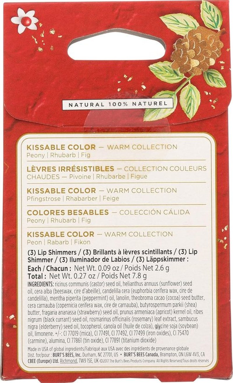 Burt's Bees Kissable Color Lip Shimmer Holiday Gift Set - 3 Warm Shades in Peony, Fig & Rhubarb