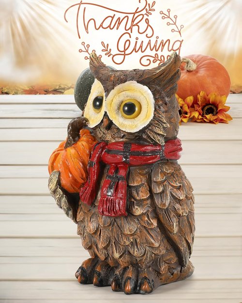 iStatue Fall Harvest Owl Ornaments - 7” Resin Craft with Red Scarf & Pumpkin | Thanksgiving Table Decor